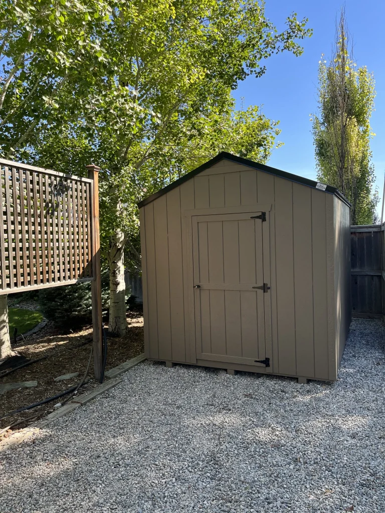 Economy shed in backyard next to fence