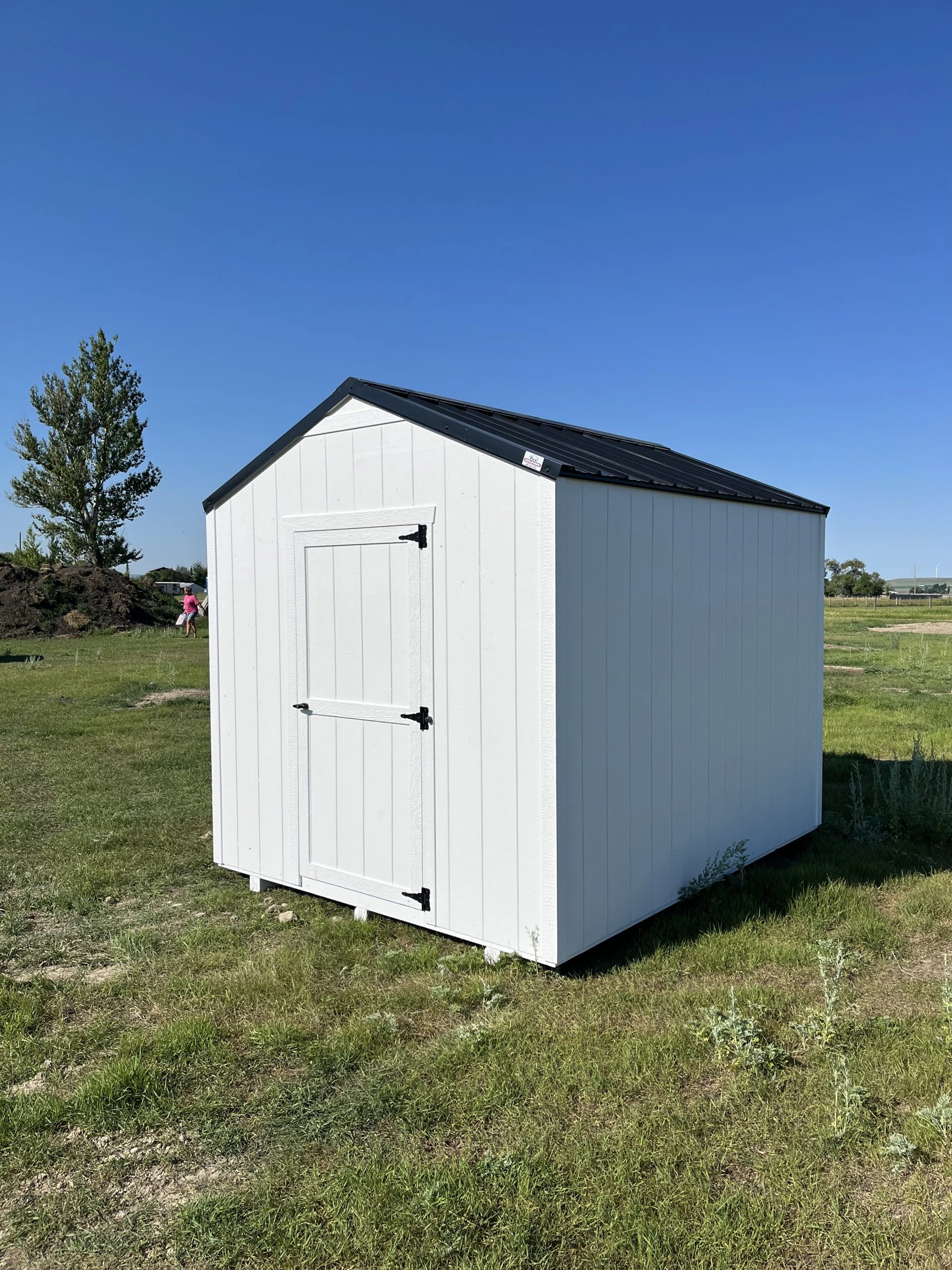 White economy shed in yard